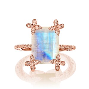 Moonstone Engagement Ring 14K Rose Gold, Octagon Engagement Ring,Moonstone Diamond Ring, Rainbow Moonstone Ring,Nature Inspired Wedding Ring