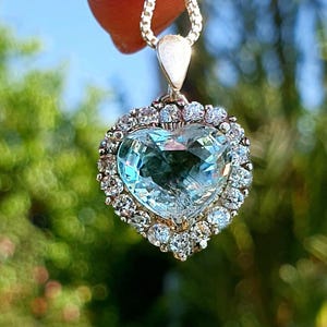 14k Gold Heart Shape Aquamarine Diamond Necklace,Natural Aquamarine Necklace,Heart Aquamarine Pendant,Halo Diamond Heart Aquamarine Necklace