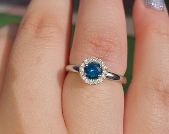 Blue Diamond Ring, 14k White Gold Blue Diamond Engagement Wedding ring, Blue Diamond  Halo ring, 14k Bridal Gold Ring Diamond proposal ring