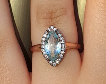 Marquise Cut Aquamarine and Diamonds Engagement Ring 14k Rose Gold Halo Diamond Aquamarine Wedding Ring 14k/18k  Dainty/Promise Ring For Her