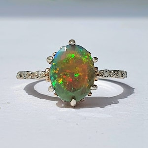 Fire Opal Engagement Ring 14k/18k, Vintage Opal Ring 14k/18k, Black Opal Wedding Ring 14k, Black Opal Diamond Ring, Dainty Opal Ring