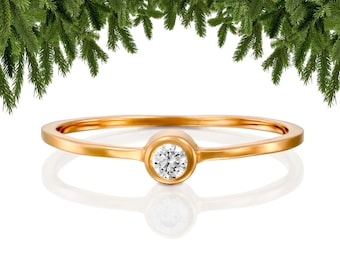 Anillo de oro macizo de 14 quilates con diamante, regalo de Navidad para ella, anillo solitario apilable con diamante, anillo minimalista con diamante, anillo de compromiso fino con diamante