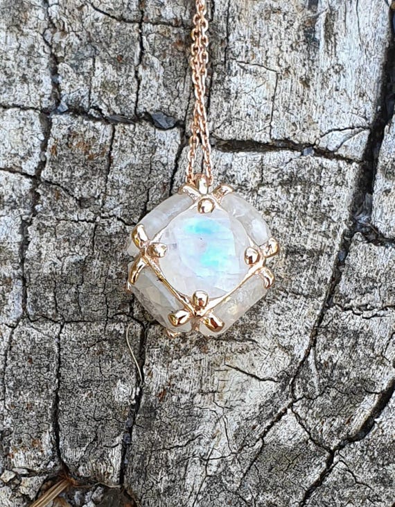 Natural Moonstone Necklace 14k Solid Rose Gold Gift for Her