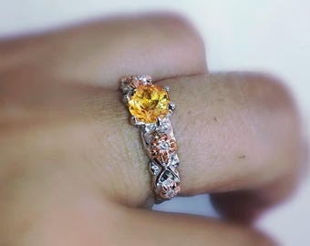 Citrine Engagement Ring 14k Solid Gold, Citrine Diamond Ring, Citrine Wedding Ring, Anniversary Gold Ring For Her, Yellow Gemstone Ring