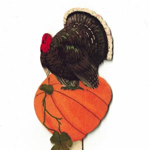 Vintage 1920s Dennison Cake Topper/Pick, Thanksgiving Turkey Atop Pumpkin, Die Cut, Art Deco Autumn Ephemera