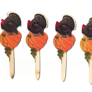 6 Vintage 1920s Dennison Cake Toppers/Picks, Thanksgiving Turkey Atop Pumpkin, Die Cut, Art Deco Autumn Ephemera, USED *READ*