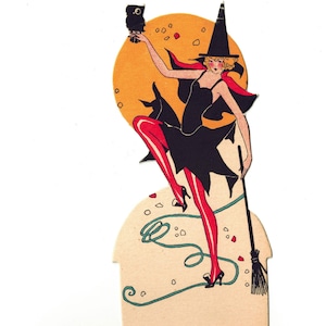 Vintage 1920s Halloween Nut Cup, Art Deco Witch and Her Broom, Diecut Table Decoration, Unused