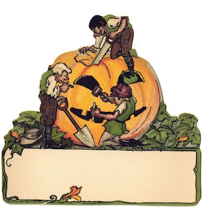 Vintage Halloween Place Card, Gnomes Carving a Pumpkin, 1920s-1930s Art Deco Ephemera, Dennison, Unused