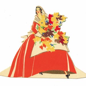 Vintage 1920s Bridge Place Card, Art Deco Woman in Autumn Gown, Thanksgiving Ephemera, Buzza, Unused