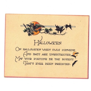 1920s Vintage Halloween Greeting Card, Owl Black Cats & Bats, Unused