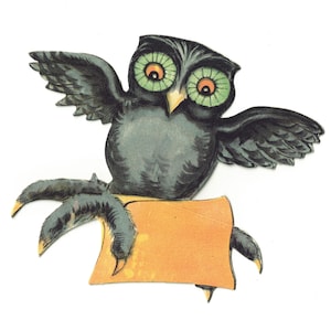 Vintage Halloween Place Card, Flying Owl, 1920s-1930s Art Deco Ephemera, Unused
