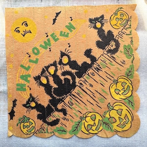 Vintage Halloween Party Napkin, Black Cat Choir Under Anthropomorphic Full Moon, Bats and Jack O&#39; Lanterns, 1930s-1950s Ephemera, Unused