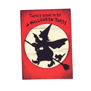 Small Vintage Halloween Party Invitation Card, Witch on Her Broom, Hallmark, Unused