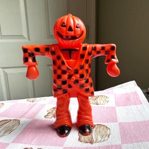 Rare Vintage Rosbro Halloween 1950s Plastic Candy Container, Jack O&#39; Lantern Jumpin Jacks Scarecrow, Checkered Jacket, Halloween Decor