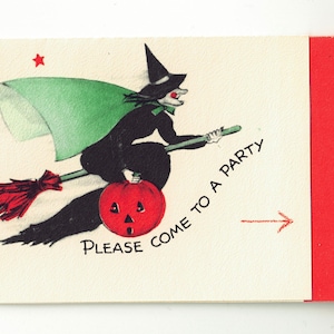 Vintage Halloween Party Invitation, Witch on Her Broom, JOL, Hallmark 1940s-1950s, Unused