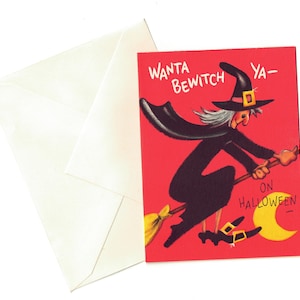 Vintage Halloween Party Invitation, Witch on Her Broom, Gibson 1950s-1960s