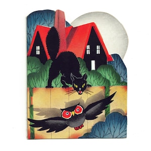 Small Vintage Halloween Party Invitation Card, Black Cat, Owl & a Haunted House, Unused