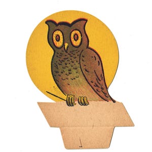 Vintage Halloween Place Card, Owl and a Glowing Full Moon, Antique Ephemera, Unused