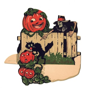 RARE Dennison **Damaged** Vintage Halloween Place Card, Witch JOLs and Black Cat, 1920s Art Deco Ephemera, Unused