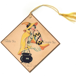 Vintage Halloween Bridge Tally Card, Witch with Bat Lantern and Cauldron, 1920s-1930s, Unused