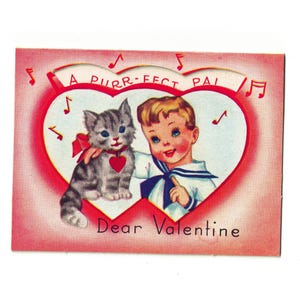 Vintage Valentine Card, A Boy and His Kitten, "A Purr-fect Pal", 1930s-1940s Ephemera, Signed