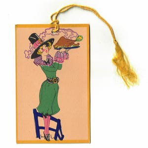 Vintage 1920s Bridge Tally Card, Thanksgiving Pilgrim Woman, Art Deco Autumn Ephemera, Hallmark, Unused
