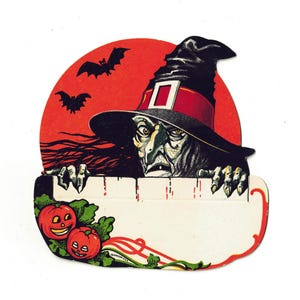 Rare Vintage Halloween Place Card, Witch Peeking Over Fence with Orange Full Moon, 1920s-1930s Art Deco Ephemera, Dennison, Unused