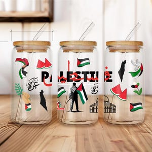 Palestine Iced Coffee Mug, Palestine Keffiyeh Pattern, Palestinian Flag Colors,  Middle Eastern Cup, Arabic Mug, 16oz Glass Coffee with Lid