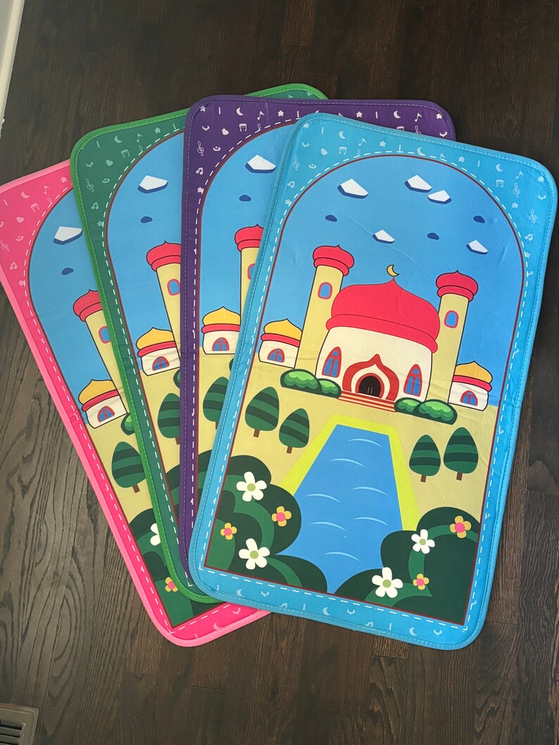May include: Four colorful prayer mats with a mosque design. Each mat features a different border color: pink, green, purple, and blue. The mats have a blue sky background with clouds and musical notes.
