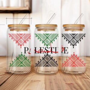 Palestine Iced Coffee Mug, Palestine Keffiyeh Pattern, Palestinian Flag Colors,  Middle Eastern Cup, Arabic Mug, 16oz Glass Coffee with Lid