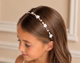 Gold Flower Girl Headband Bridal Headpiece Wedding Hair Accessory Pearl White Floral Crown