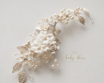 Flower Girl White Hair Clip Bridal Hair Pearl Floral Wedding Accessory