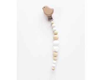 Pacifier pacifier bird - white silicone and natural wood beads - White and wood