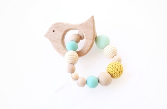 Bracelet Rattle Teething Ring Wood Beads And Silicone Etsy