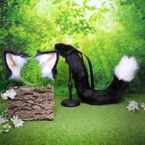 Fluffy Black Cat Ears Hair Clip and Tail Set - Synthetic Fur Fantasy Cosplay Kawaii Magical Forest -Kemonomimi - fursuit