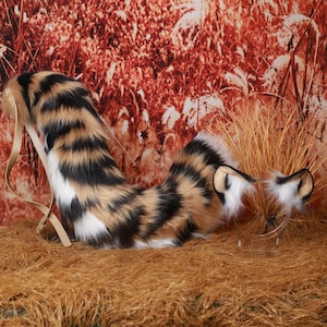 Handmade Tiger Ears and Tail Set-Faux Fur Striped Cosplay Accessory 80cm, 7cm Ears with Belt & Stand-kemonomimi-fursuit-kitty play