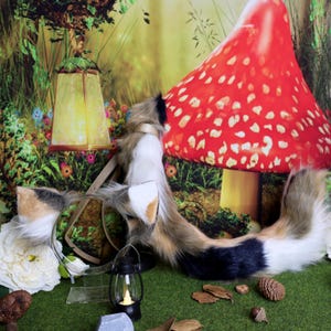 Handmade Calico Cat Ears and Tail Set, Plush Faux Fur Fantasy Cosplay,Christmas Halloween Leg Wrap Costume Accessory - Kemonomimi - fursuit