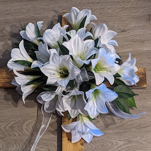 Easter Cross, Wooden Cross, Cross, Cemetery Cross, Cemetery Flowers, Mothers Day, Easter, Fathers Day. Grave Decorations, Easter Lilies