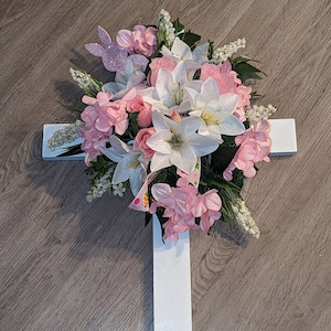 Cemetery Cross, Easter Cross, Wooden Cross, Grave Decorations, Memorial Flowers. Easter Flowers