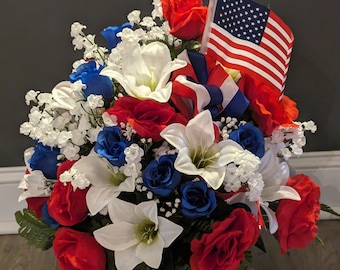 Red White Blue Cemetery Flowers, Urn Arrangement, Grave Decoration