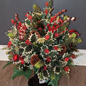 Christmas Cemetery Urn Arrangement, Holly, Pine Cones, Berries