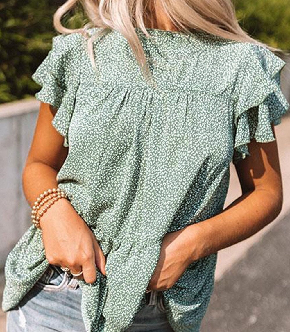 Green Cheetah Spotted Ruffle Top Ladies Tops Shirts Etsy Canada