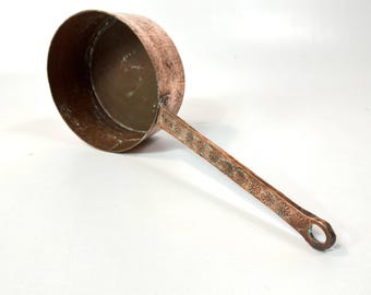Hammered copper saucepan – scandinavian floral handle, mid-century cookware