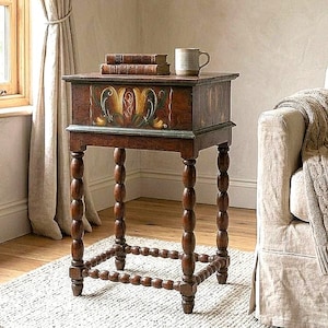 Könnte beinhalten: Ein dunkelbrauner Beistelltisch aus Holz mit vier gedrechselten Beinen im Spulen-Design und einer unteren Verstrebung. Die Frontplatte zeigt ein handgemaltes Blumenmotiv in Gelb-, Grün- und Rottönen. Zwei gestapelte Bücher und ein Keramikbecher stehen darauf.
