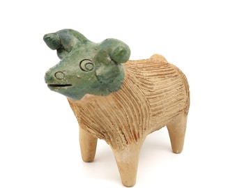 Vintage Mexican Pottery Ram – Handcrafted Clay Sculpture with Green Glazed Head, Folk Art Figurine
