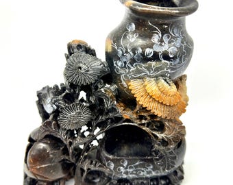 Vintage Carved Soapstone Double Vase: Asian Floral Bird Sculpture, c.1940s