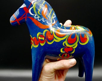 Vintage Blue Dala Horse: Large Hand-Painted Swedish Folk Art