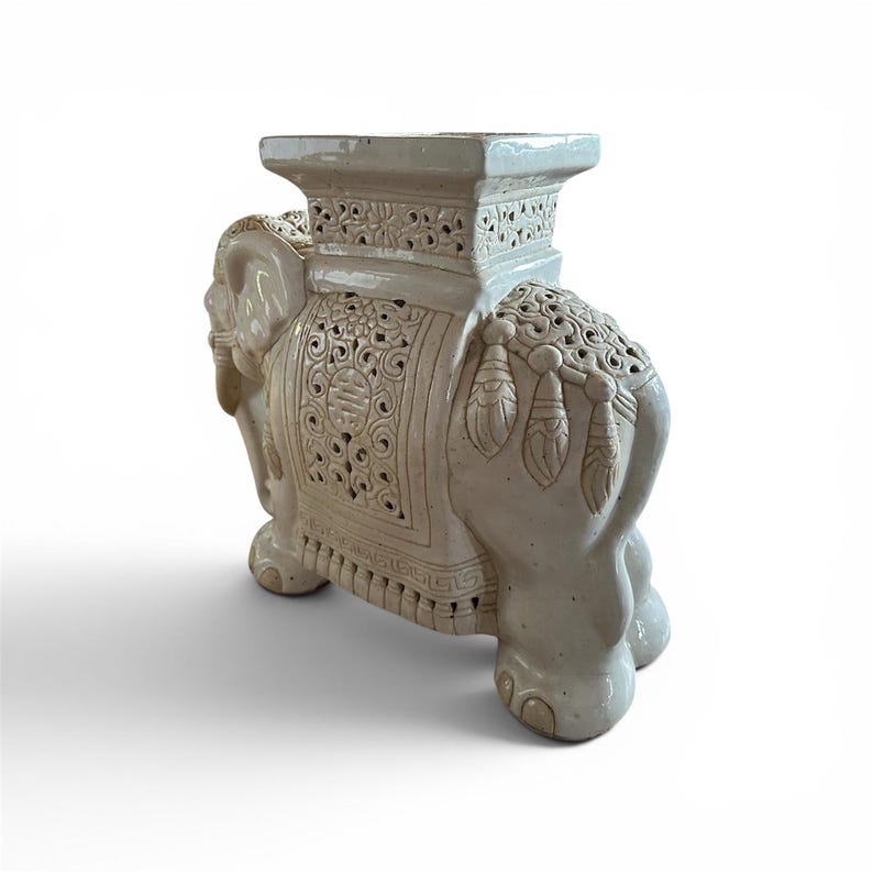 Stojak na rośliny w kształcie słonia, duży ceramiczny stołek ogrodowy, biały stolik boczny z ceramiki, wystrój w stylu Hollywood Regency zdjęcie 6