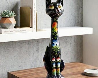 Vintage Ceramic Cat Figurine, Hand Painted Black Floral Decor, 1960s Mid Century