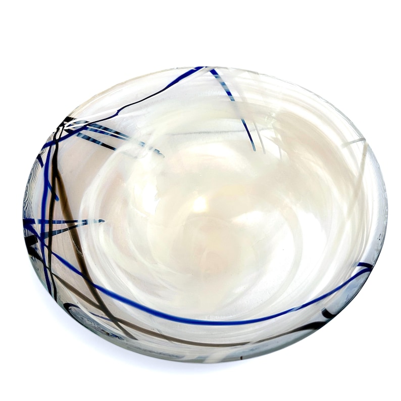 Pu&ograve; includere: Una ciotola in vetro rotonda e poco profonda con una base trasparente e motivi bianchi opachi che si intrecciano all'interno. Il bordo esterno &egrave; decorato con sottili linee incrociate in blu scuro e grigio scuro, creando un contrasto.